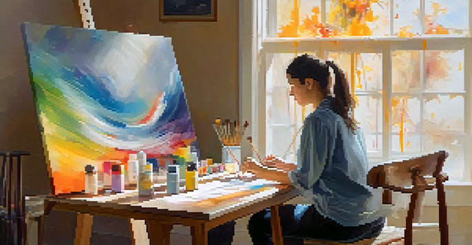 An individual engaged in an art therapy session, surrounded by art supplies and warm sunlight, creating a painting.