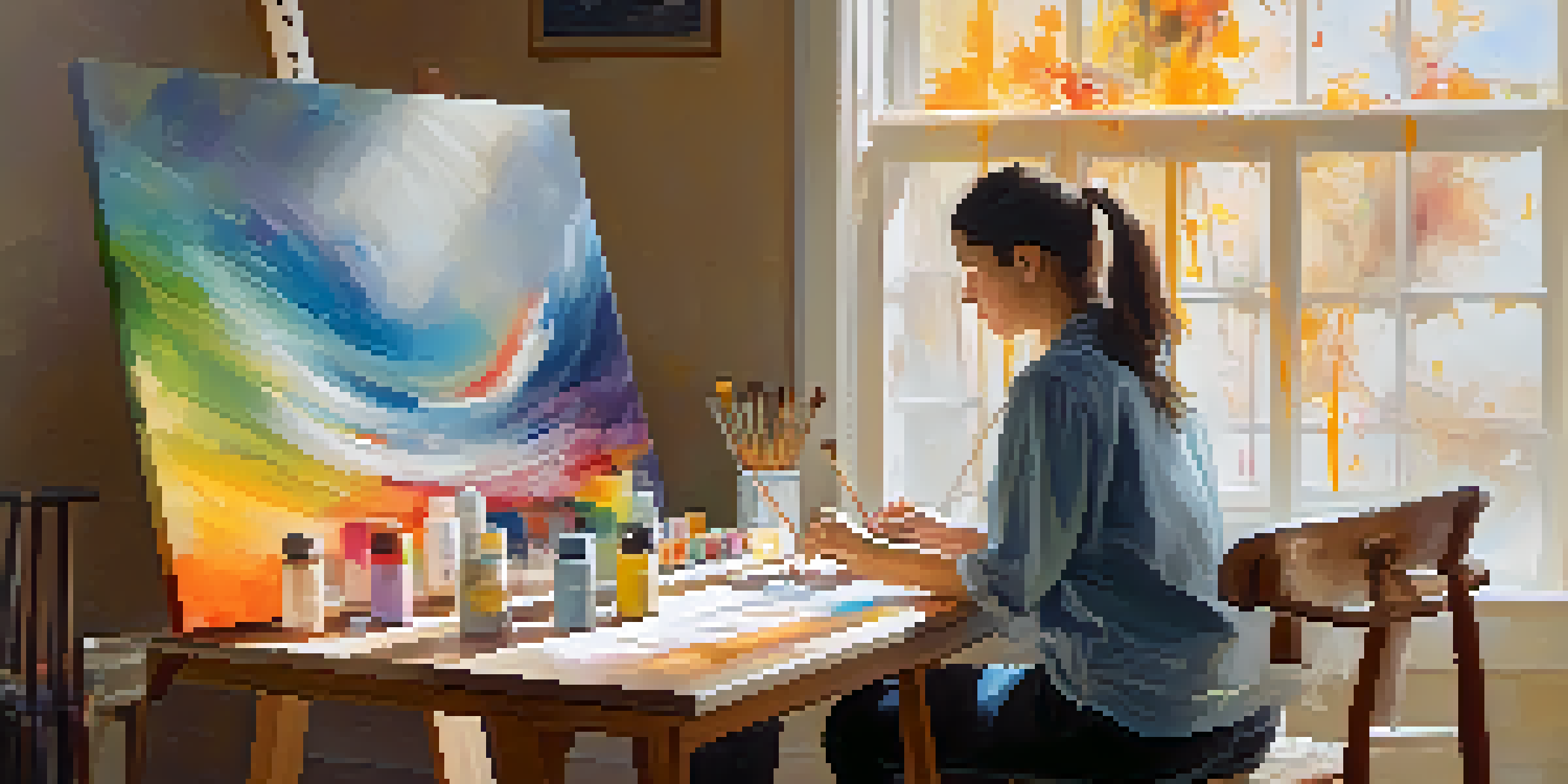 An individual engaged in an art therapy session, surrounded by art supplies and warm sunlight, creating a painting.