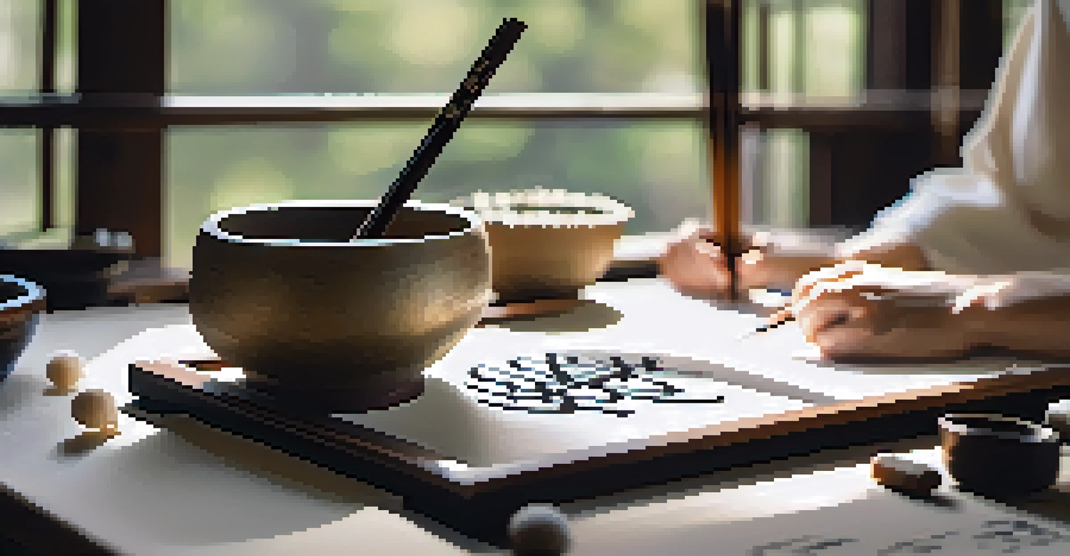 An artist practicing Japanese calligraphy on rice paper in a minimalistic workspace with natural light.