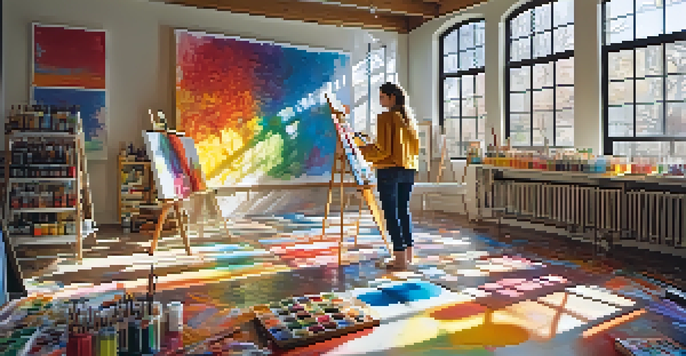 A child and an artist working together in a colorful art studio, surrounded by paints and brushes, with sunlight filtering through the windows.