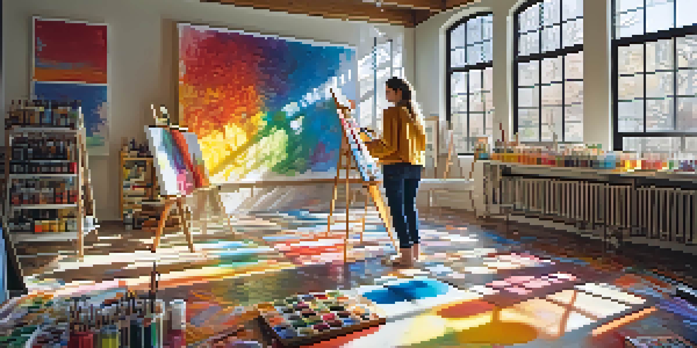 A child and an artist working together in a colorful art studio, surrounded by paints and brushes, with sunlight filtering through the windows.