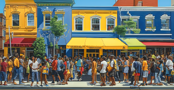 A lively urban street scene with a large mural on a wall depicting social justice themes, featuring diverse faces and symbols of unity, with people discussing in the foreground under warm sunlight.