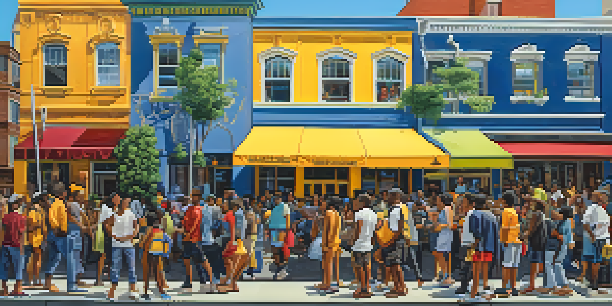 A lively urban street scene with a large mural on a wall depicting social justice themes, featuring diverse faces and symbols of unity, with people discussing in the foreground under warm sunlight.