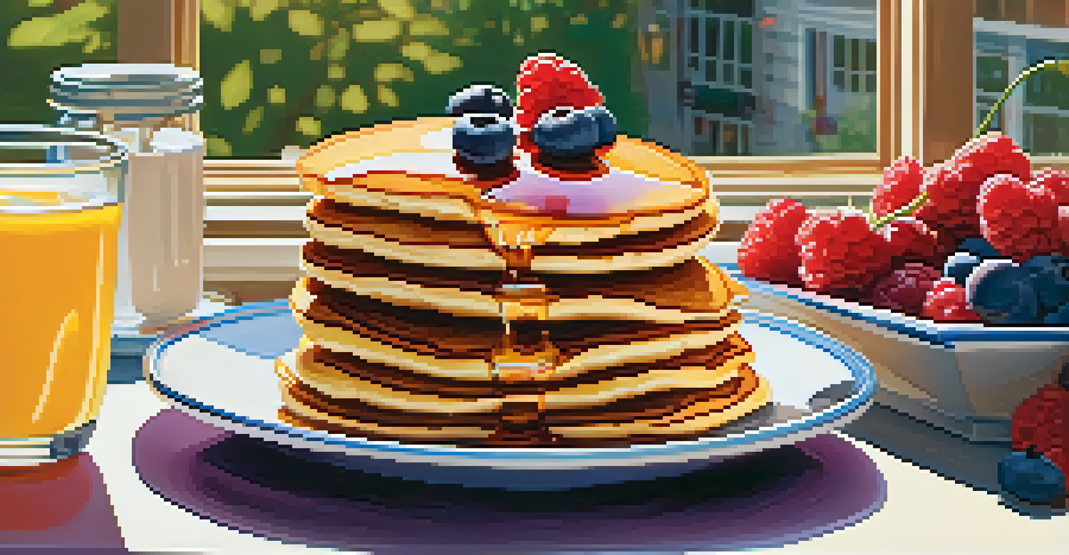 A sunlit brunch scene with golden pancakes topped with berries, illuminated by natural light streaming through large windows.