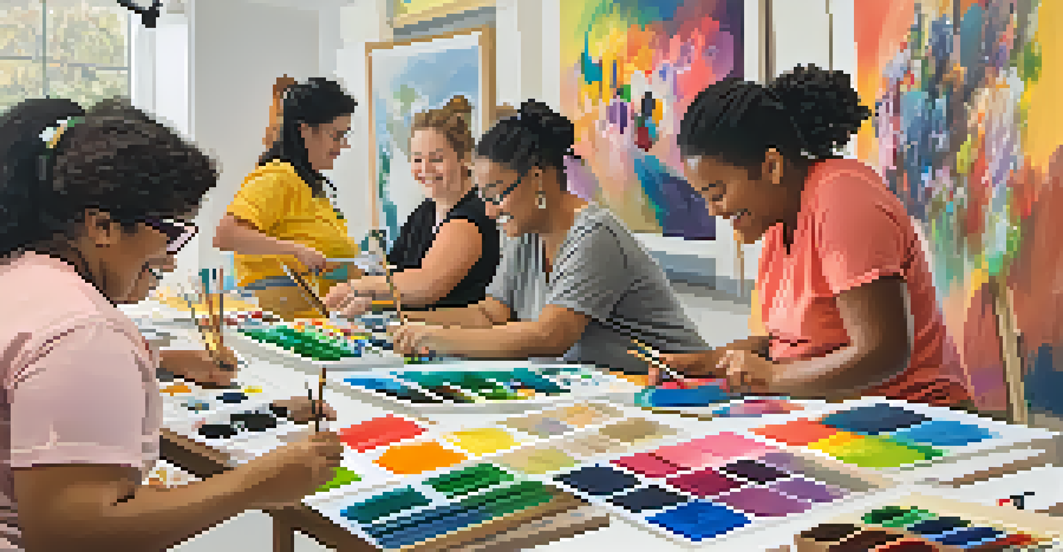 A lively community art workshop showing people of various abilities creating art together, with bright colors and adaptive tools, while instructors assist with smiles.