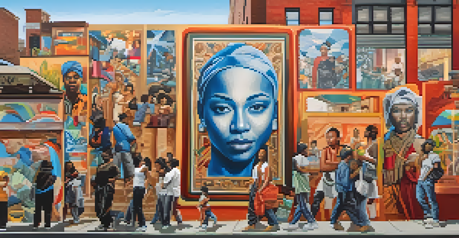 A series of interconnected murals celebrating cultural identities, featuring vibrant colors and symbols, set against a bustling city street with people interacting with the art.