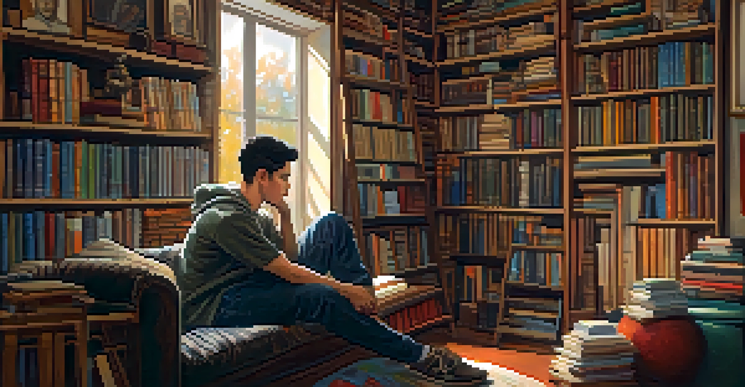 A young man with a thoughtful expression in a warmly lit room filled with books and art, surrounded by artworks about masculinity.