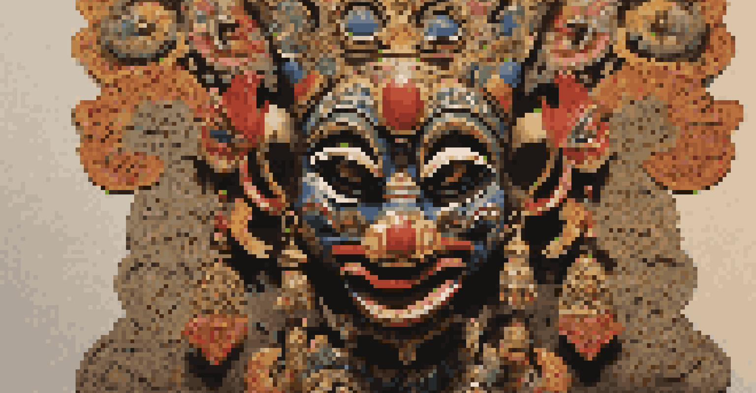 A detailed close-up of a Balinese shadow puppet against a softly lit backdrop, highlighting its intricate carvings.