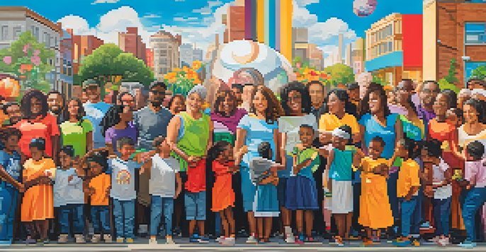 A colorful mural showcasing diverse people participating in activism, with symbols of hope like flowers and a globe.