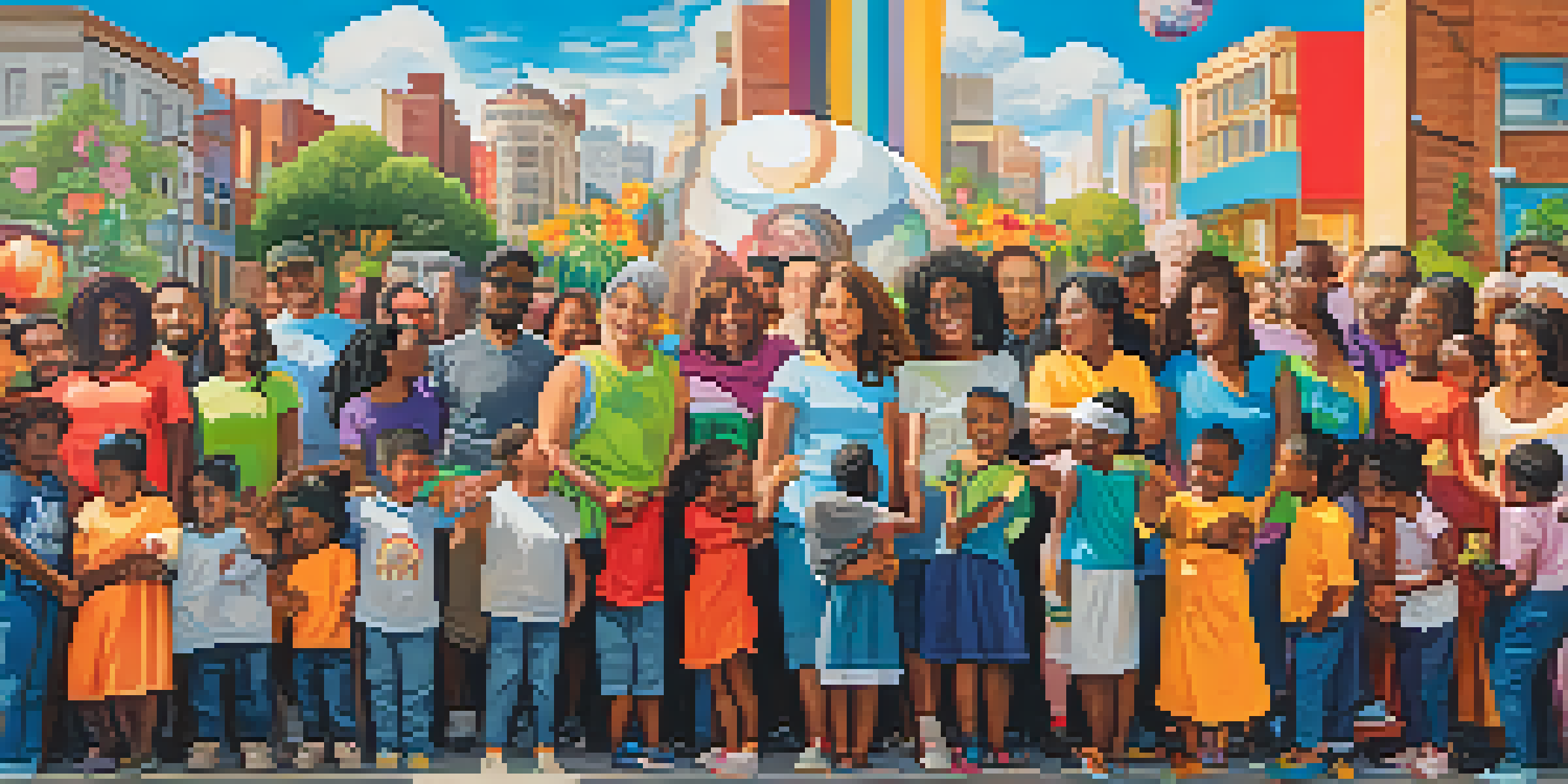 A colorful mural showcasing diverse people participating in activism, with symbols of hope like flowers and a globe.