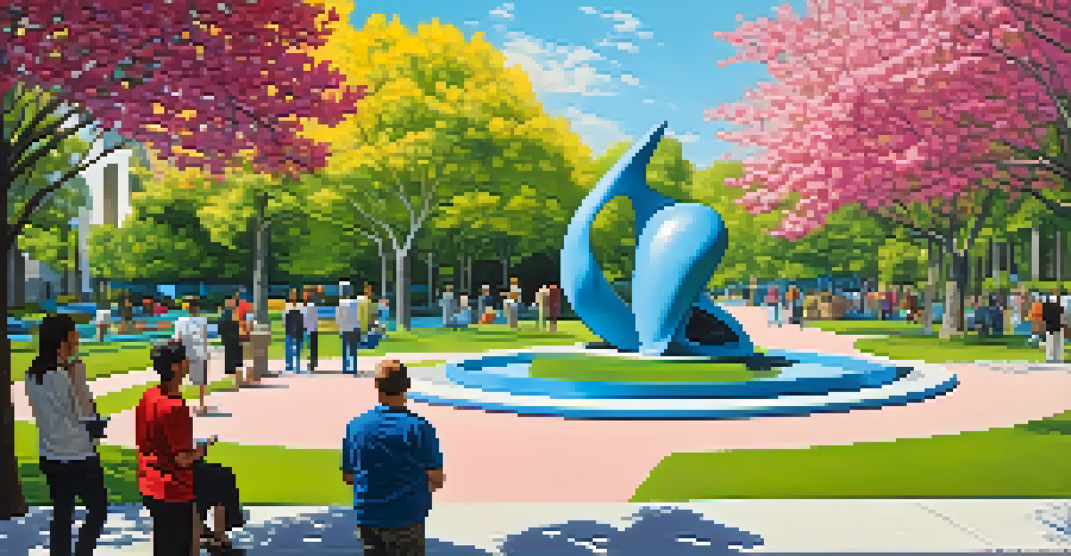 A colorful sculpture garden with contemporary art, surrounded by flowers and visitors enjoying the outdoor space under a clear blue sky.