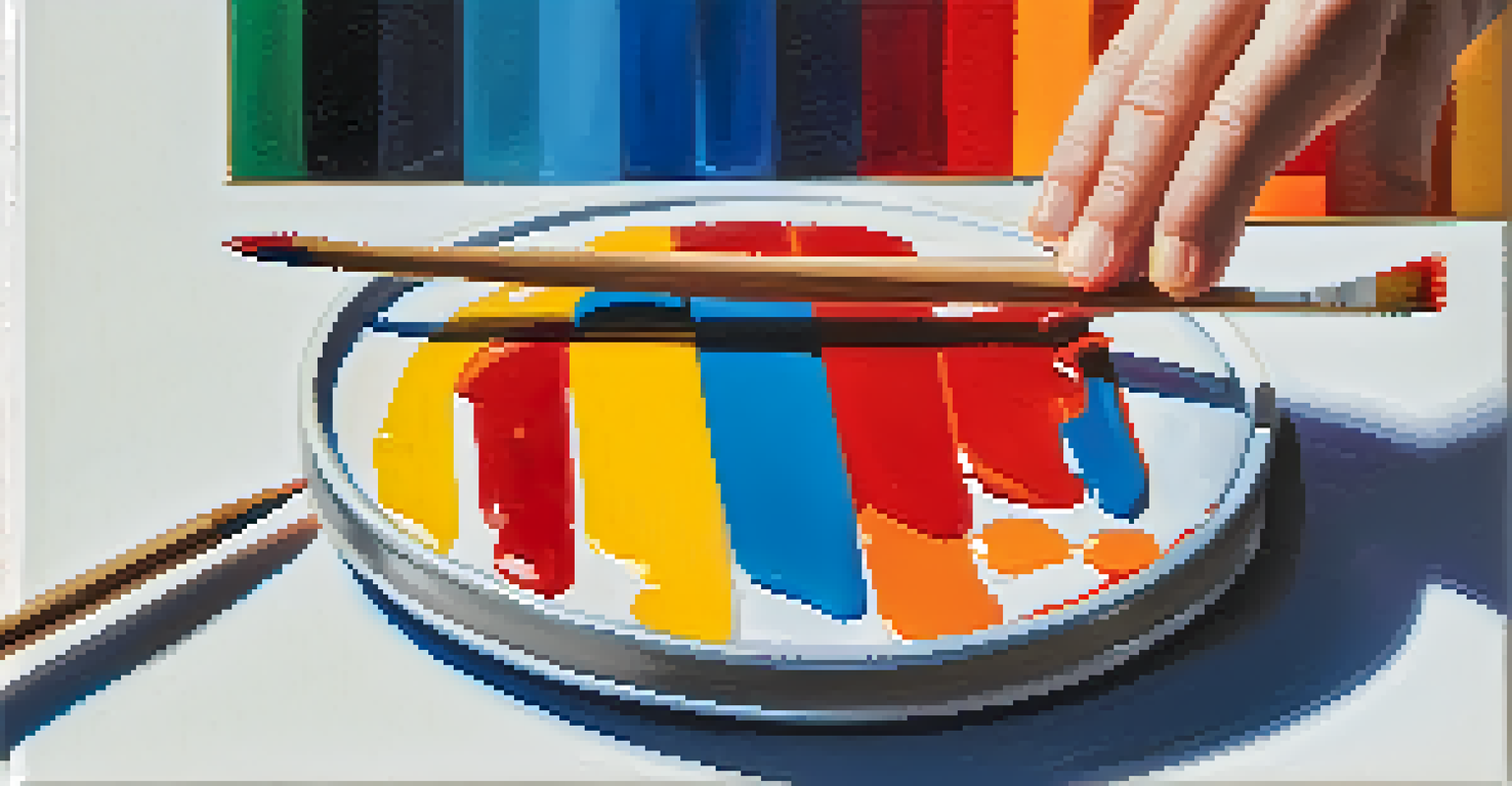 A close-up image of a hand holding a colorful paint palette in front of a canvas with abstract art, symbolizing emotional expression through creativity.
