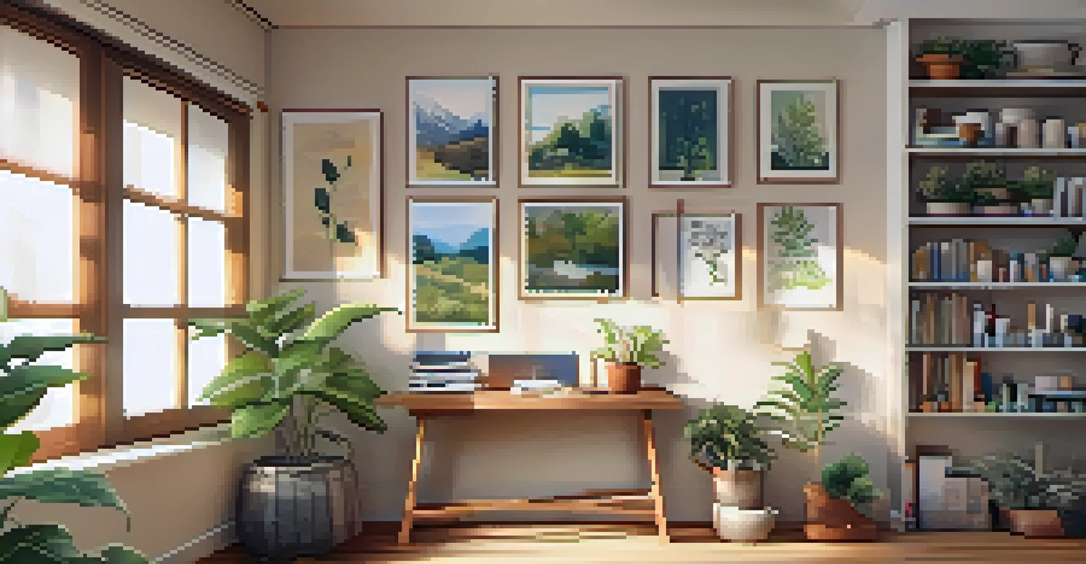 A cozy home art therapy setup with art supplies on a table, a potted plant, and soft lighting for a calming atmosphere.