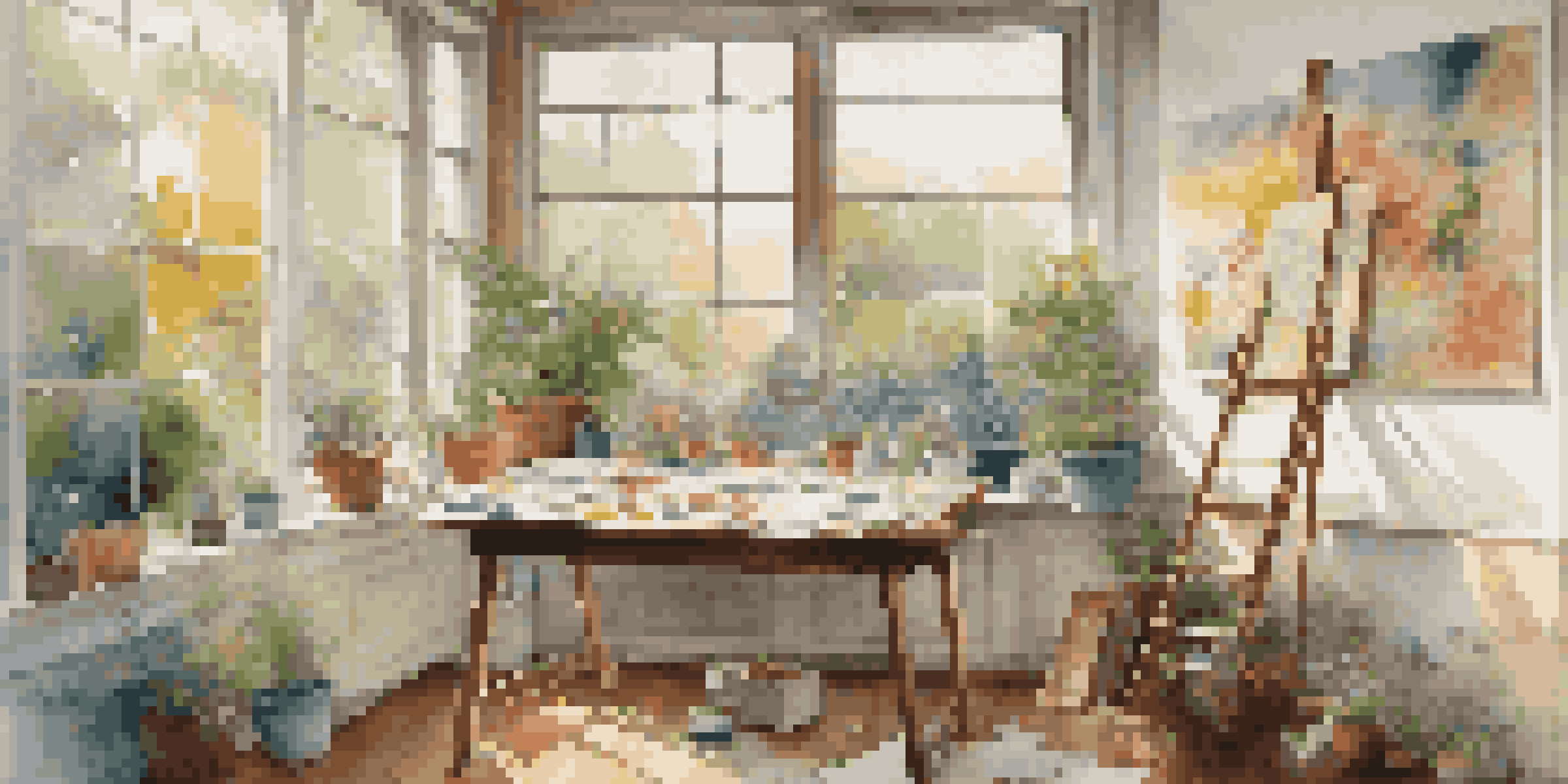 A bright artist's studio with an abstract painting on canvas, surrounded by colorful artwork and art supplies, with a view of a garden through a large window.