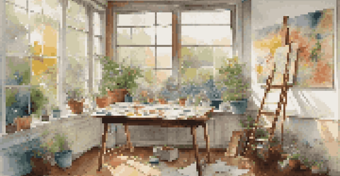 A bright artist's studio with an abstract painting on canvas, surrounded by colorful artwork and art supplies, with a view of a garden through a large window.