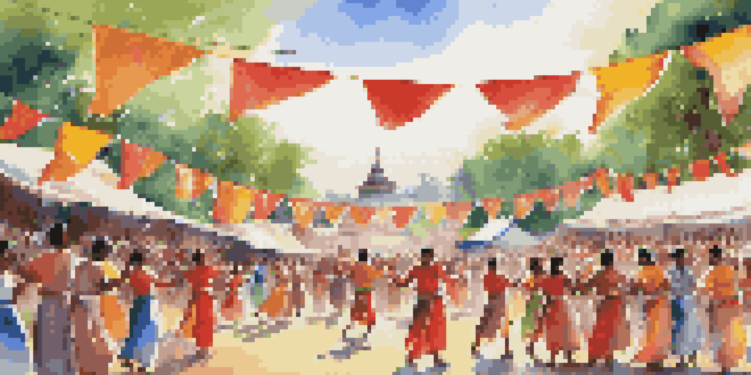 A lively cultural festival with dancers in traditional attire performing under colorful banners, surrounded by an engaged audience in a sunny outdoor setting.