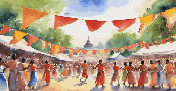 A lively cultural festival with dancers in traditional attire performing under colorful banners, surrounded by an engaged audience in a sunny outdoor setting.
