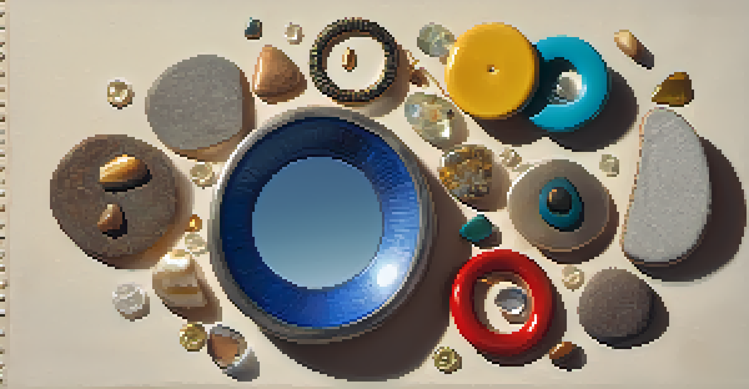 An artistic arrangement of found objects like a broken mirror and buttons on textured fabric, illuminated by golden light.
