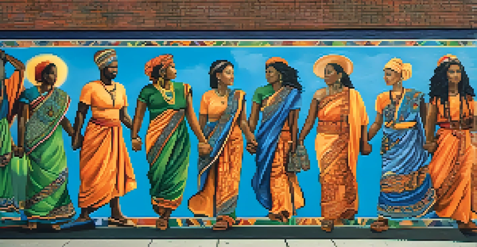 A colorful street mural showing diverse individuals holding hands, representing unity and cultural identity.