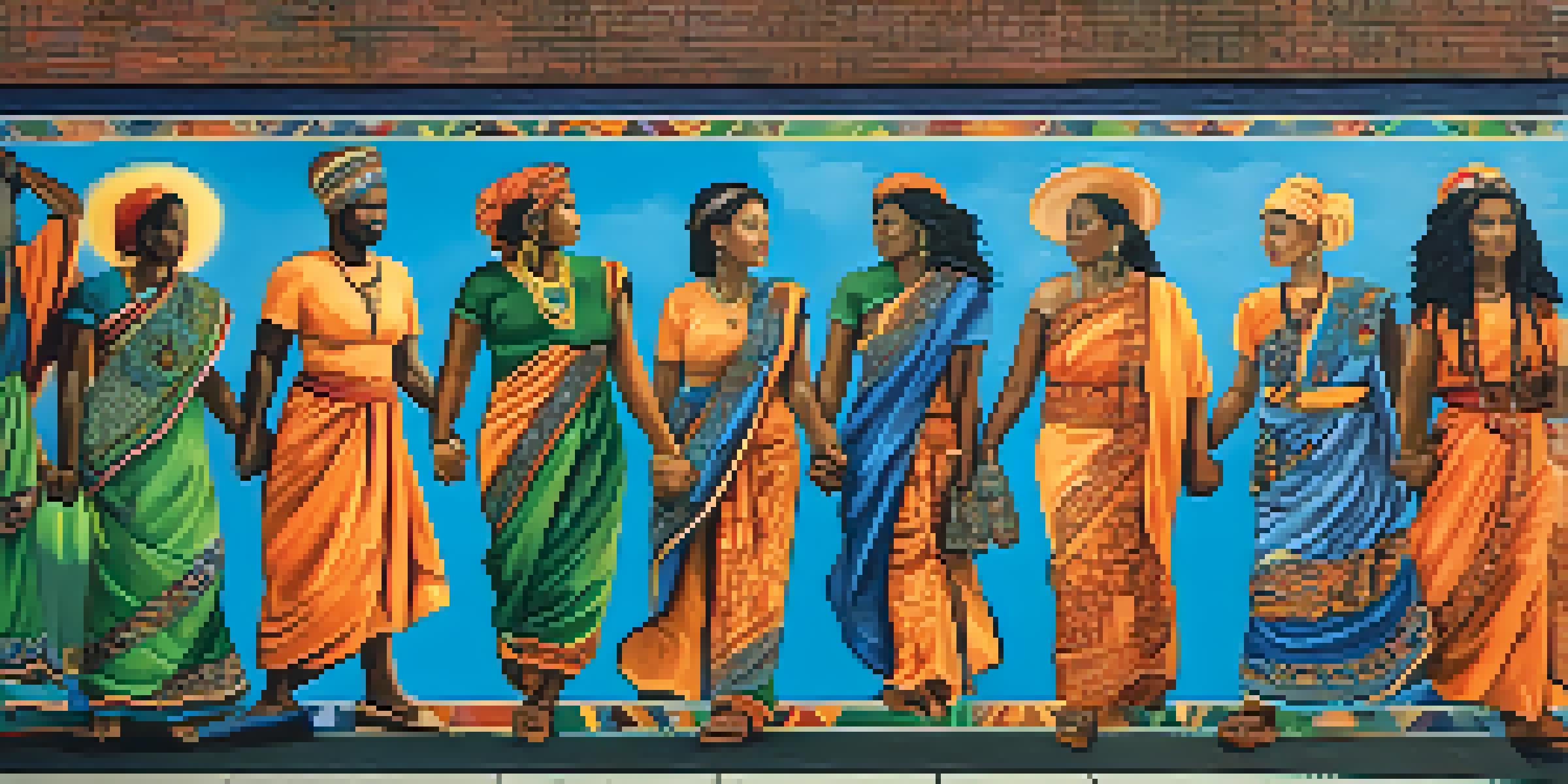 A colorful street mural showing diverse individuals holding hands, representing unity and cultural identity.