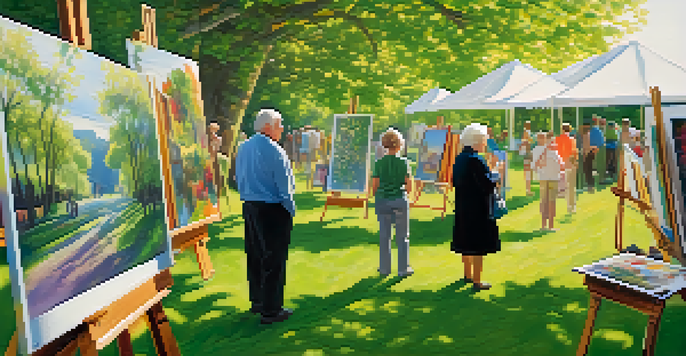 An elderly couple at an outdoor art exhibition, looking at paintings and enjoying the sunny day.