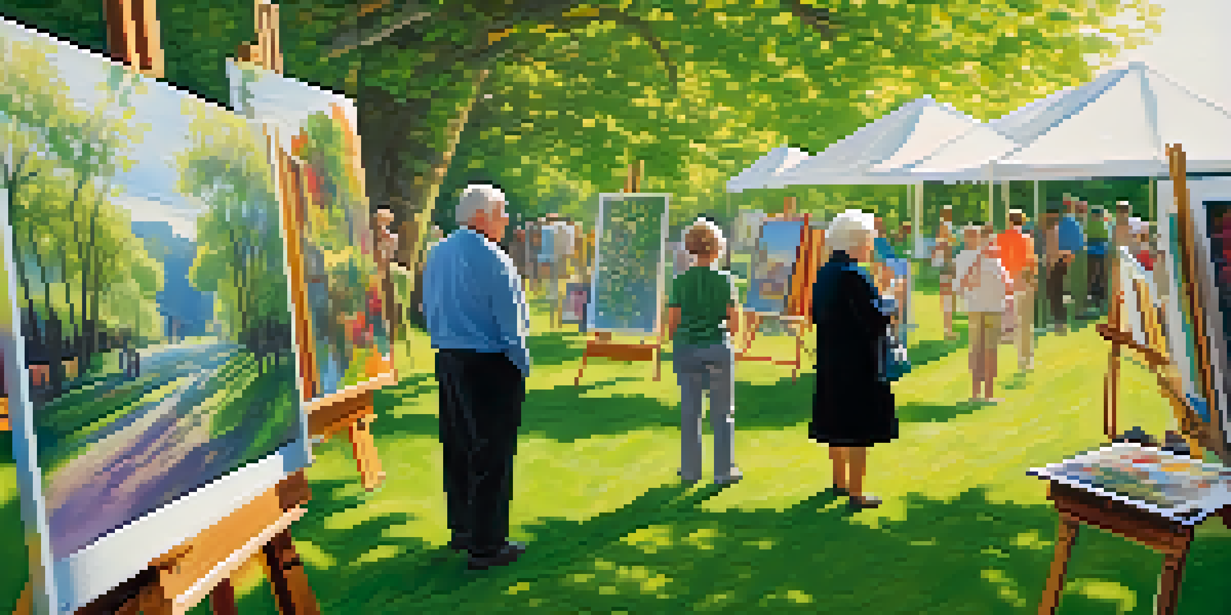 An elderly couple at an outdoor art exhibition, looking at paintings and enjoying the sunny day.