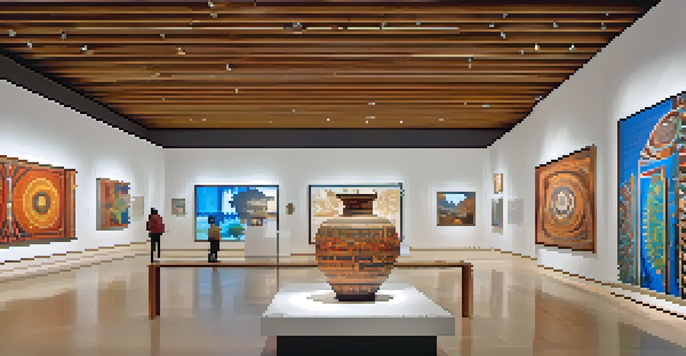 Visitors admiring indigenous art in a museum exhibition, surrounded by well-lit displays and informative plaques.