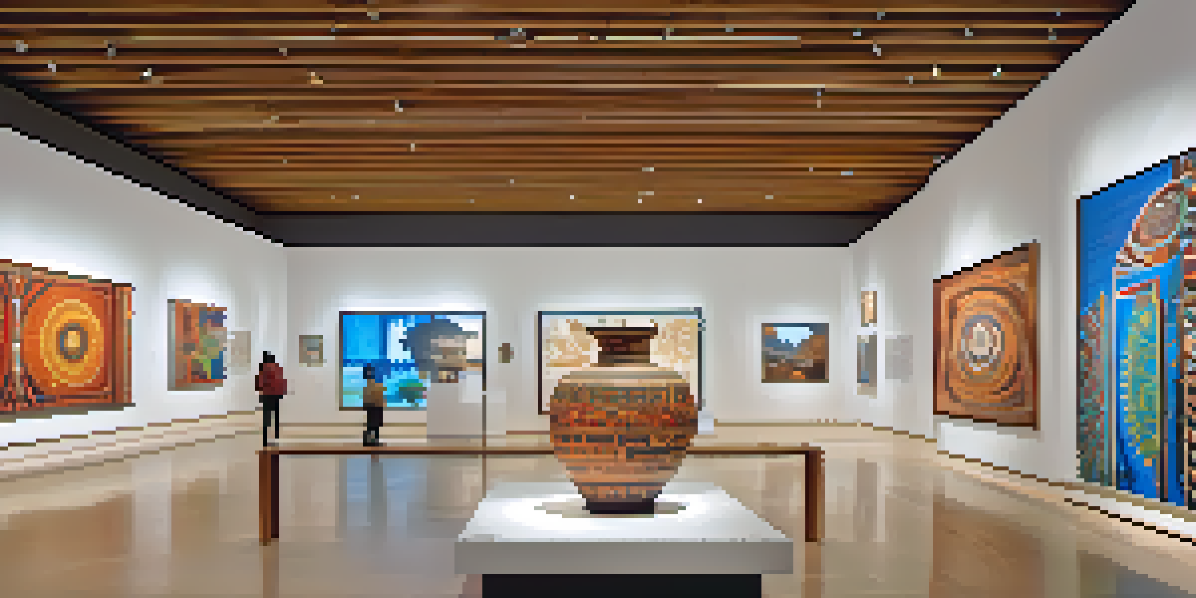 Visitors admiring indigenous art in a museum exhibition, surrounded by well-lit displays and informative plaques.
