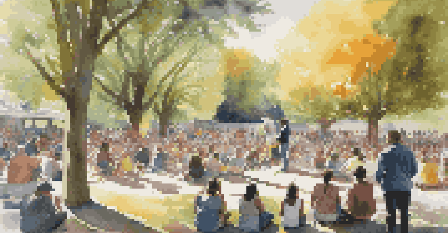 An artist painting a large canvas in a park, with a diverse audience watching, highlighting social justice.