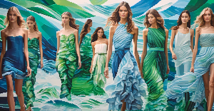 A fashion runway with models in outfits made from recycled ocean plastic, against a mural of ocean waves and marine life.
