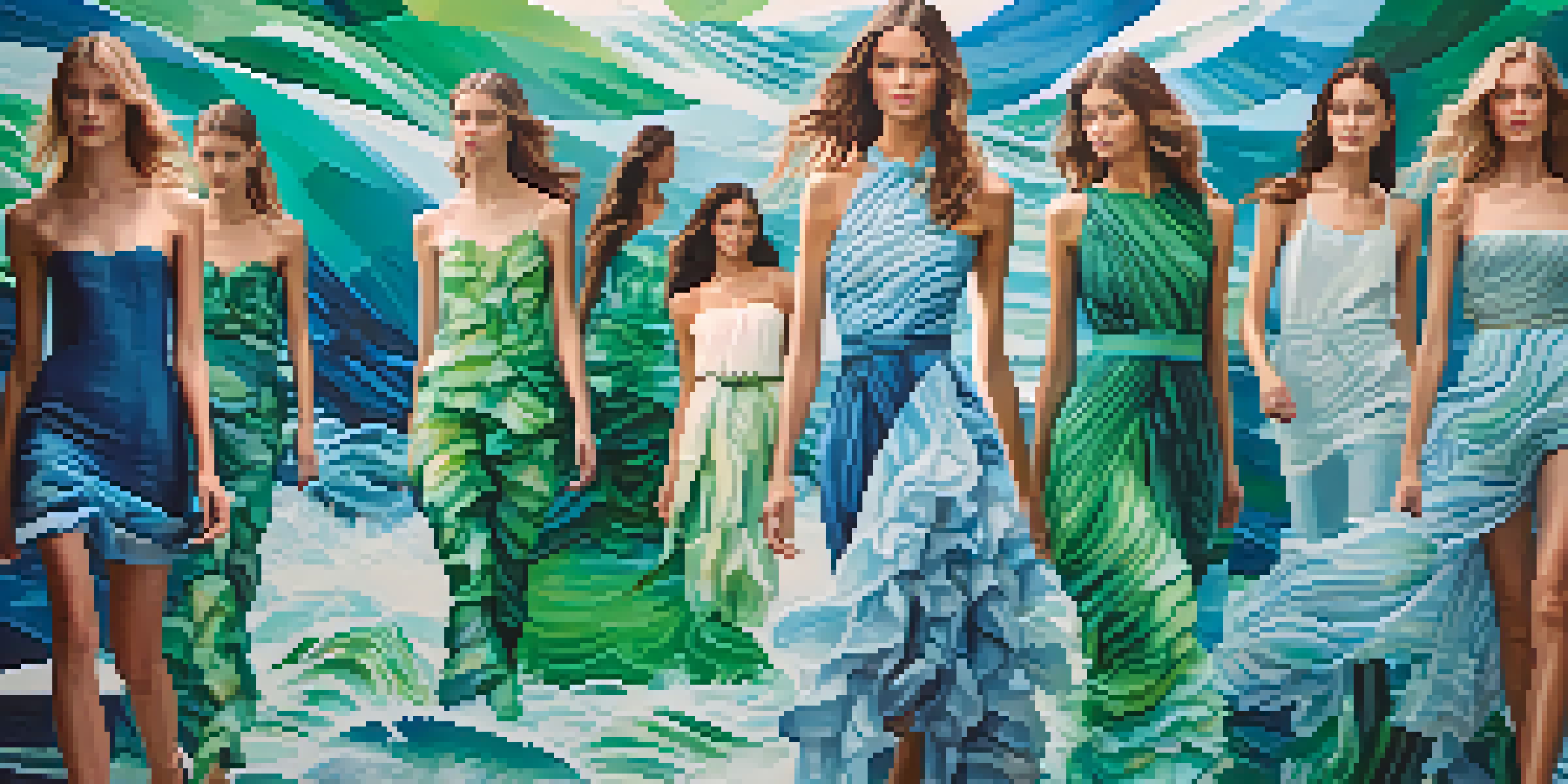 A fashion runway with models in outfits made from recycled ocean plastic, against a mural of ocean waves and marine life.