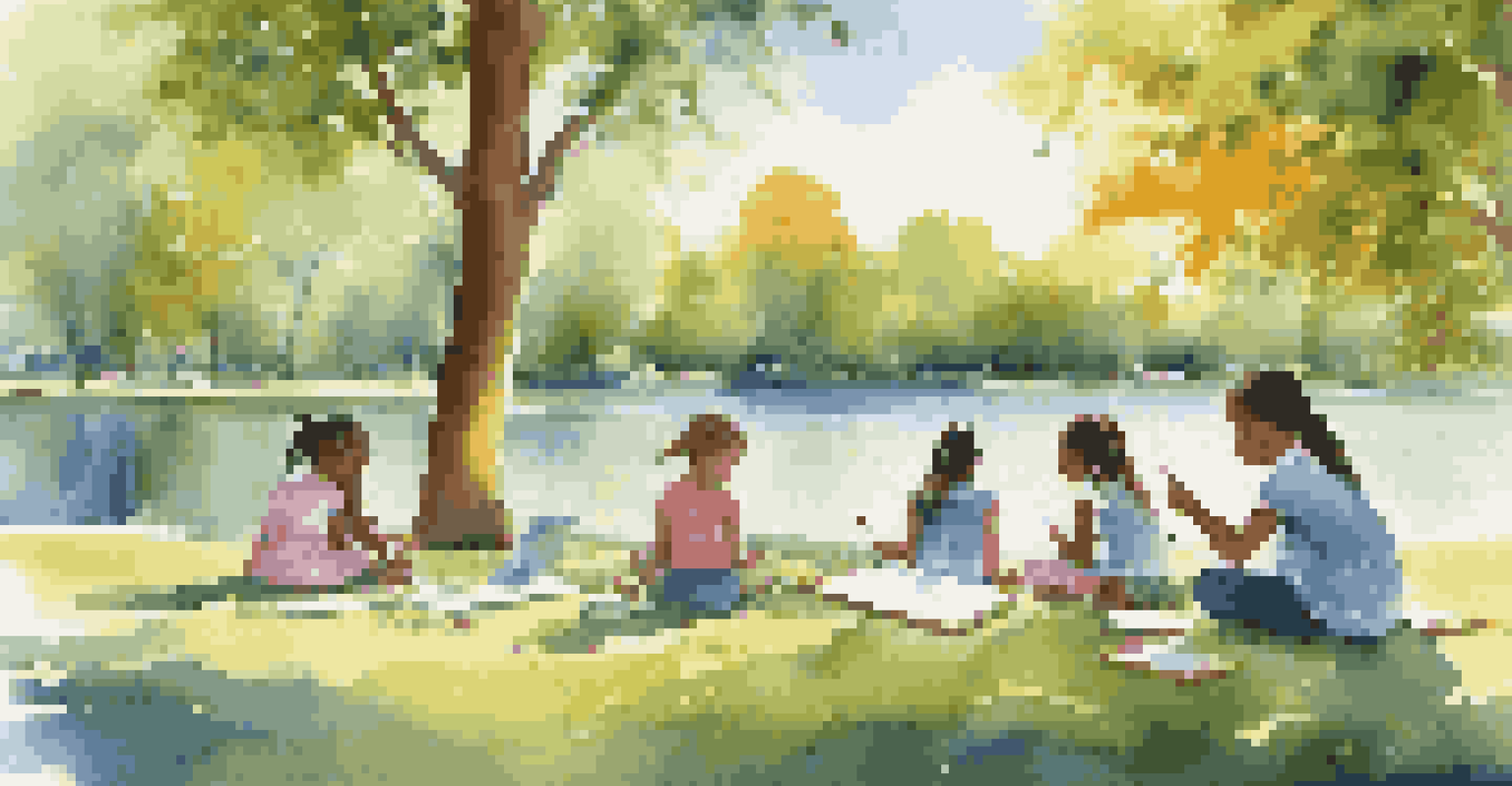 Children participating in an art therapy session in a park, painting on canvases under the trees, creating a peaceful and supportive environment.