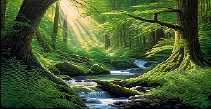 A peaceful forest with ancient trees, sunlight filtering through leaves, and a stream, surrounded by lush ferns and wildflowers.