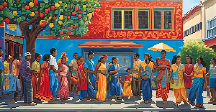 A colorful mural on an urban wall depicting people celebrating cultural diversity, surrounded by trees and shops, with sunlight casting shadows.