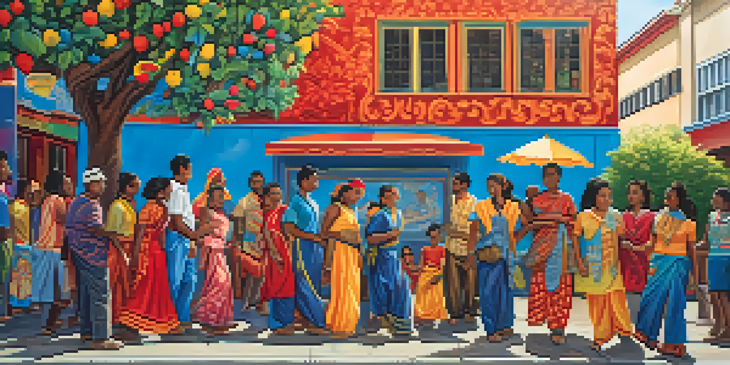 A colorful mural on an urban wall depicting people celebrating cultural diversity, surrounded by trees and shops, with sunlight casting shadows.