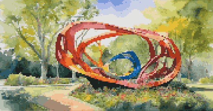 A colorful outdoor sculpture made from recycled materials in a lush green landscape under a bright blue sky.