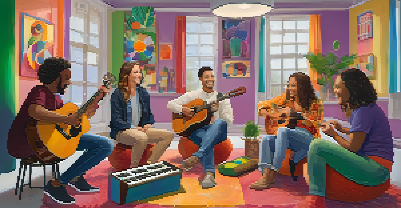 A group of individuals in a music therapy session, smiling and engaging while playing different musical instruments in a colorful, cozy room.