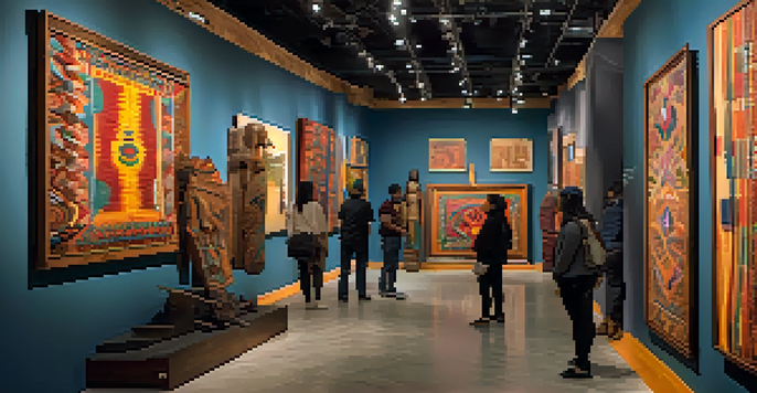 A diverse group of visitors admiring colorful indigenous art in a gallery, surrounded by paintings, textiles, and sculptures.