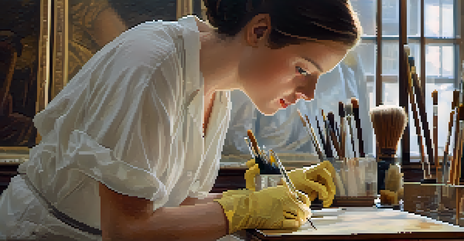 A conservator restoring a faded painting in a museum, showcasing the meticulous process and tools used.