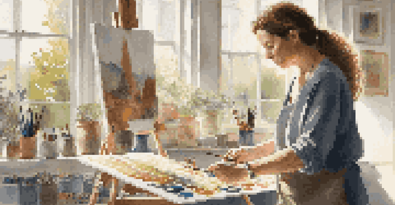 An artist working in a sunlit studio, creating a large canvas that blends traditional and modern art styles, surrounded by art supplies.