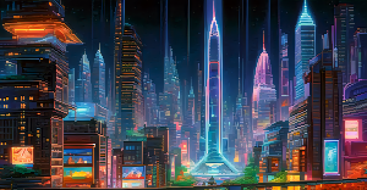A vibrant futuristic city at night with neon lights, towering skyscrapers, and flying vehicles in a starry sky.