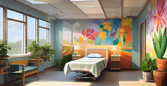 A hospital room filled with colorful murals and a patient painting with a therapist, creating a calming atmosphere.
