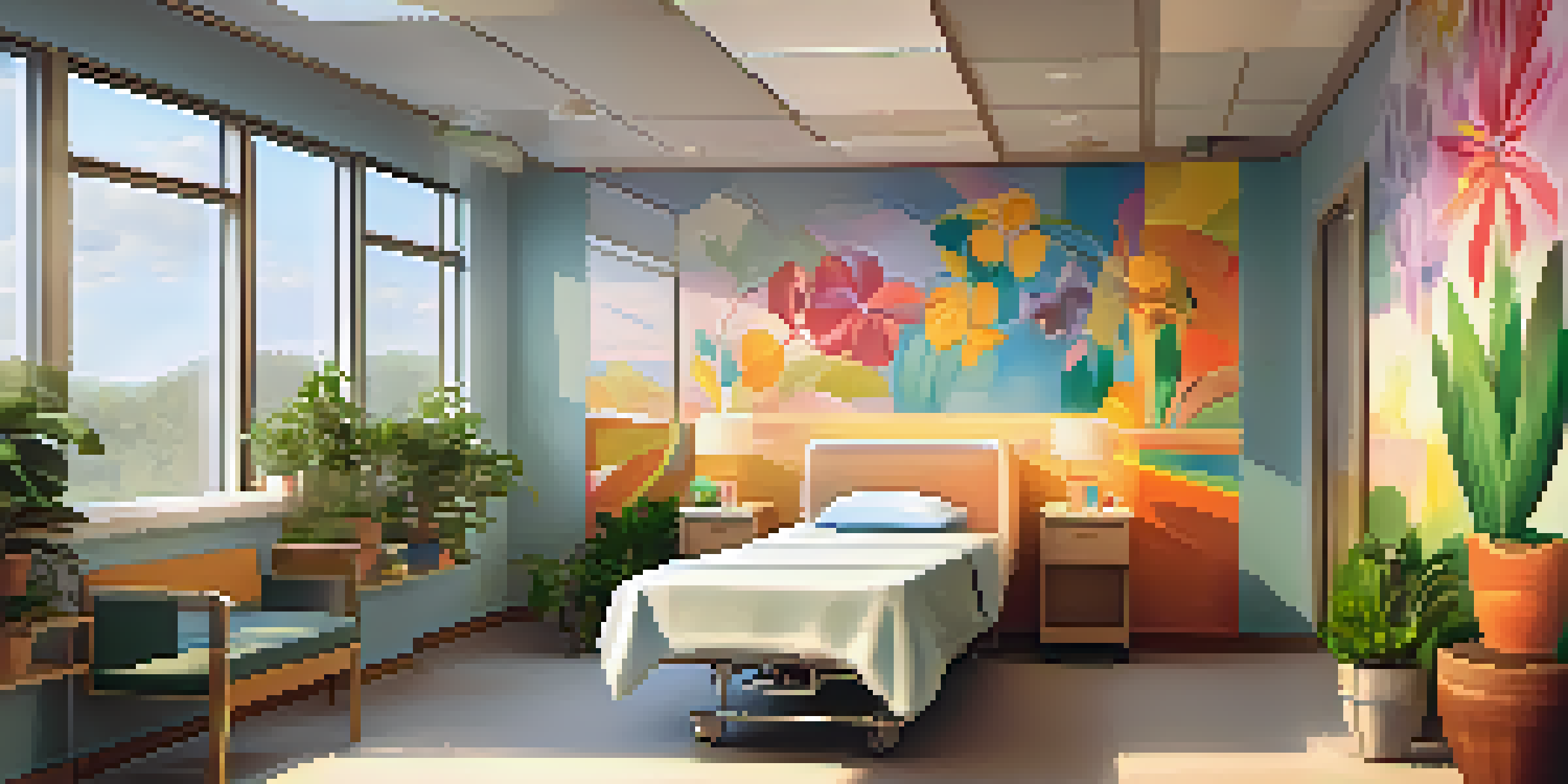A hospital room filled with colorful murals and a patient painting with a therapist, creating a calming atmosphere.