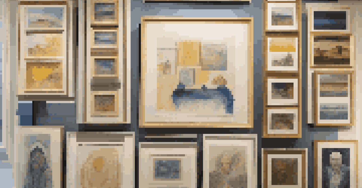 An art gallery wall displaying diverse artworks that explore themes of identity politics under soft lighting.
