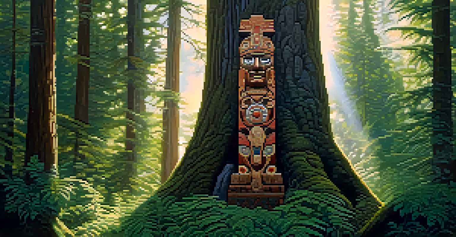 A Native American totem in a lush forest, featuring intricate carvings and illuminated by dappled sunlight, symbolizing ancestral stories.