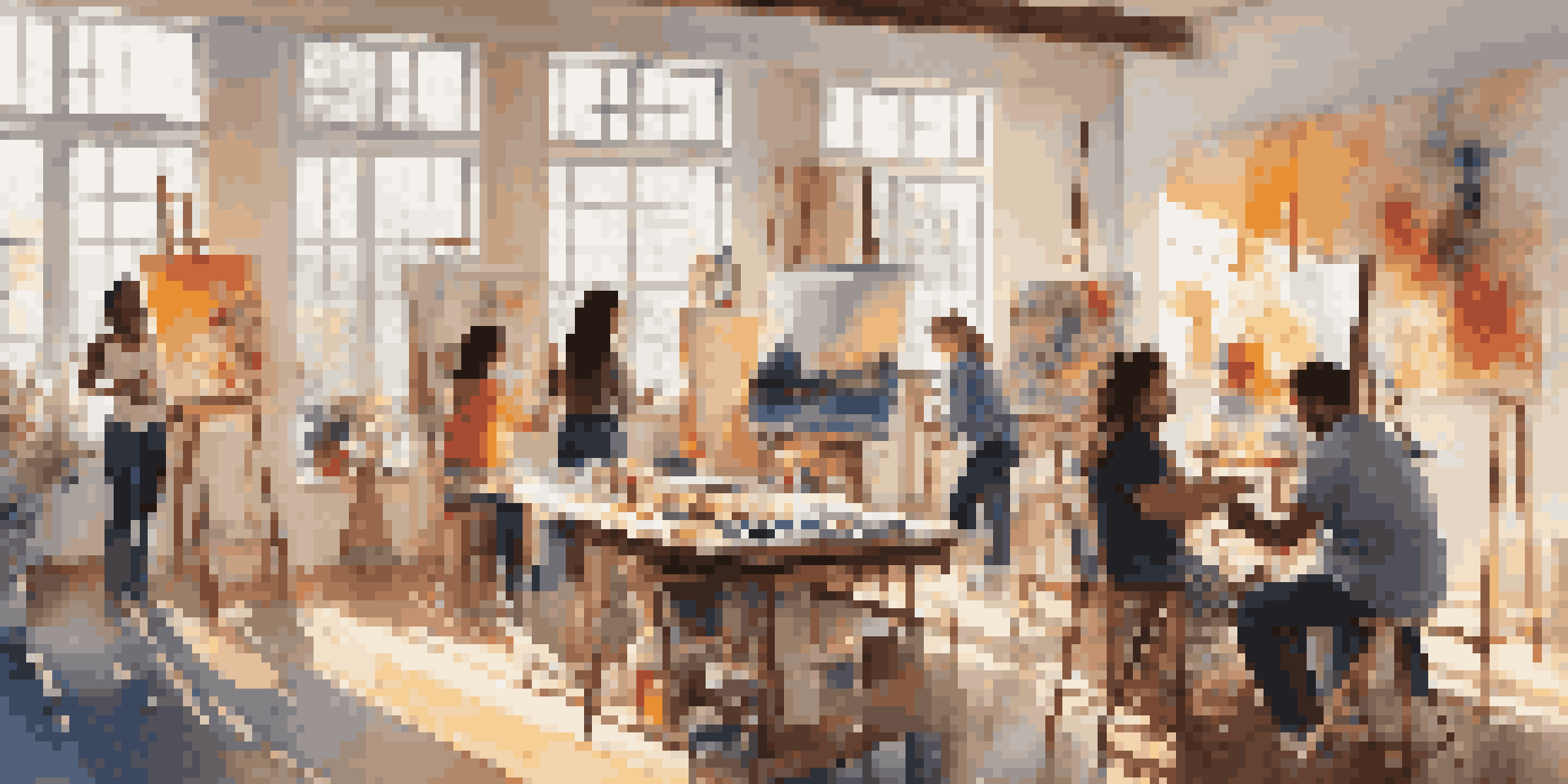 A lively art studio where diverse artists collaborate on a painting, showcasing various cultural backgrounds and colorful artwork.