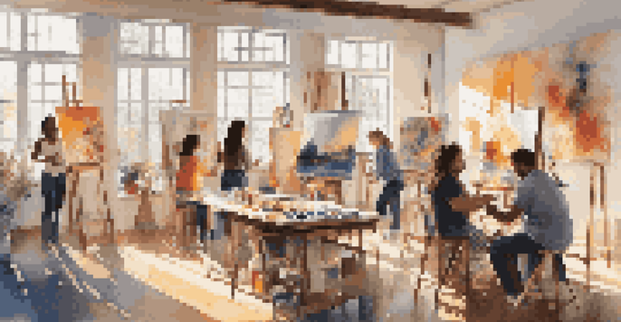 A lively art studio where diverse artists collaborate on a painting, showcasing various cultural backgrounds and colorful artwork.