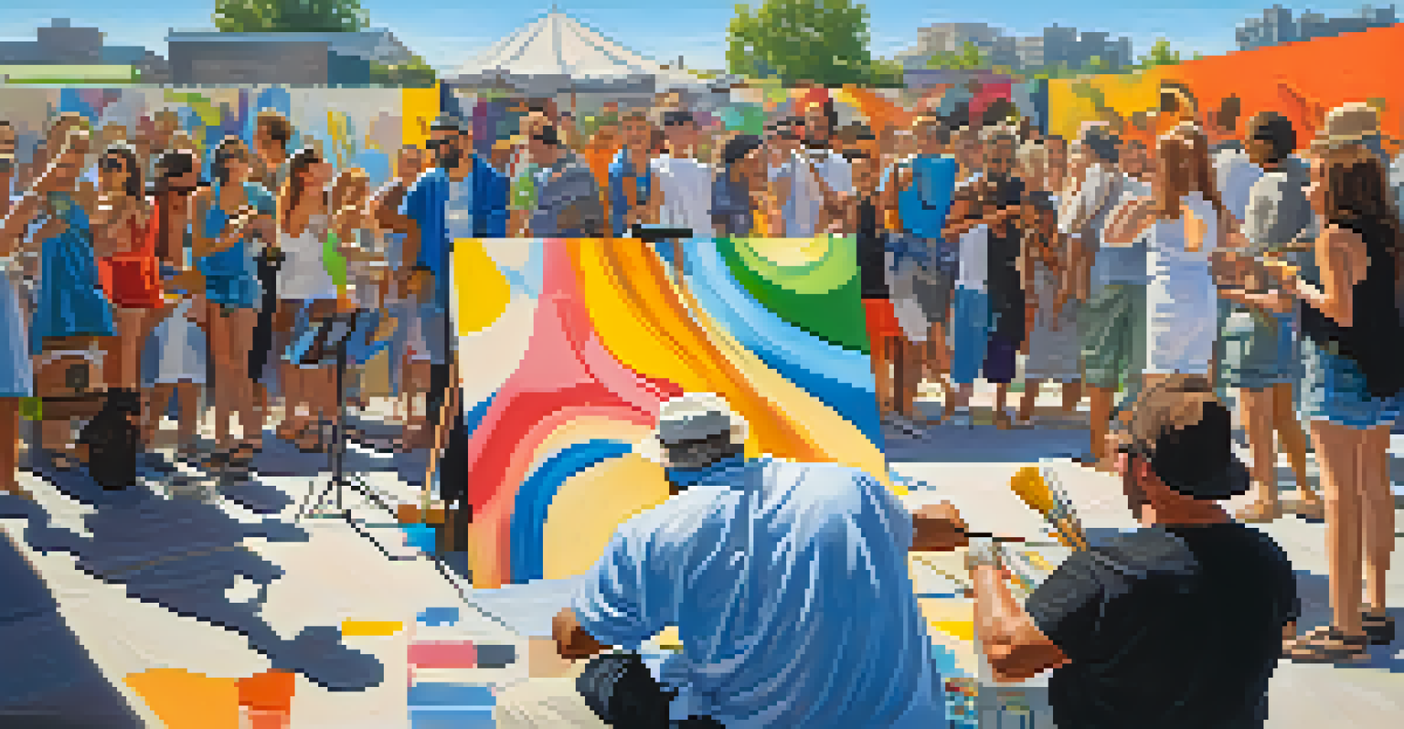 An artist painting a large mural outdoors while surrounded by an audience, with colorful paint splashes and live music.