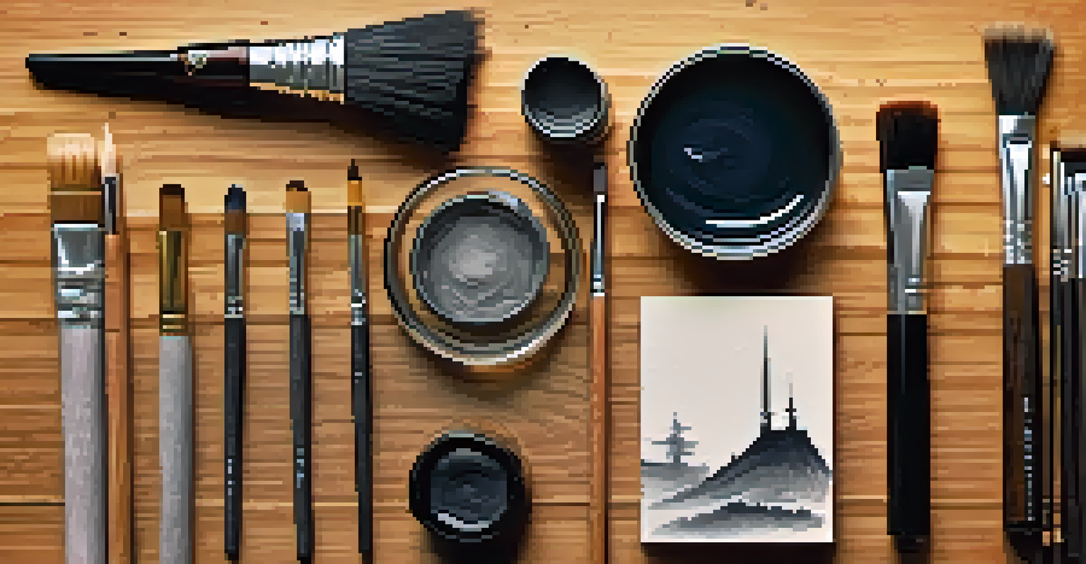 A close-up view of ink wash art tools including sumi ink, brushes, and textured paper on a wooden surface, illuminated by warm light.