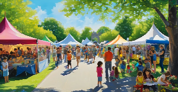 A lively community art festival in a park with artists, families, and musicians, surrounded by flowers and trees.